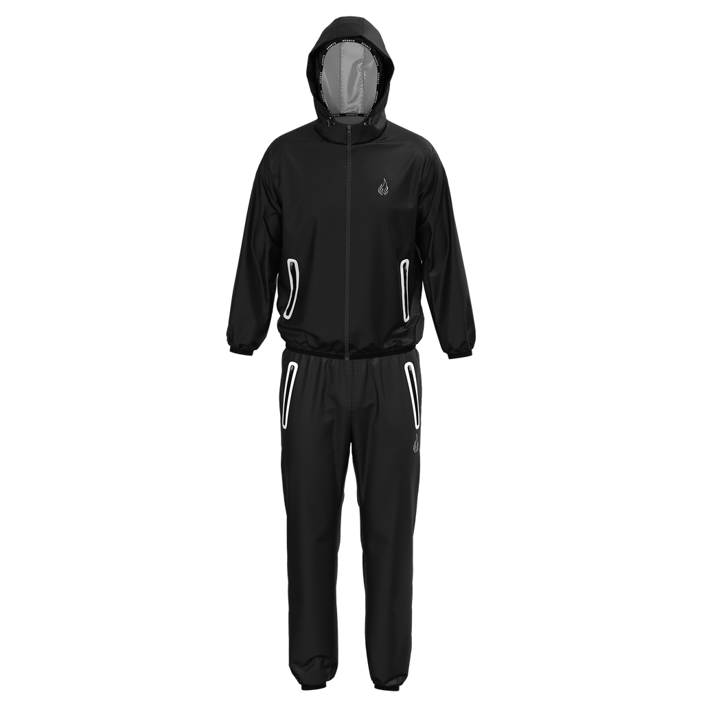 Black rain suit with reflective stripes on a white background