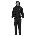 Black rain suit with reflective stripes on a white background