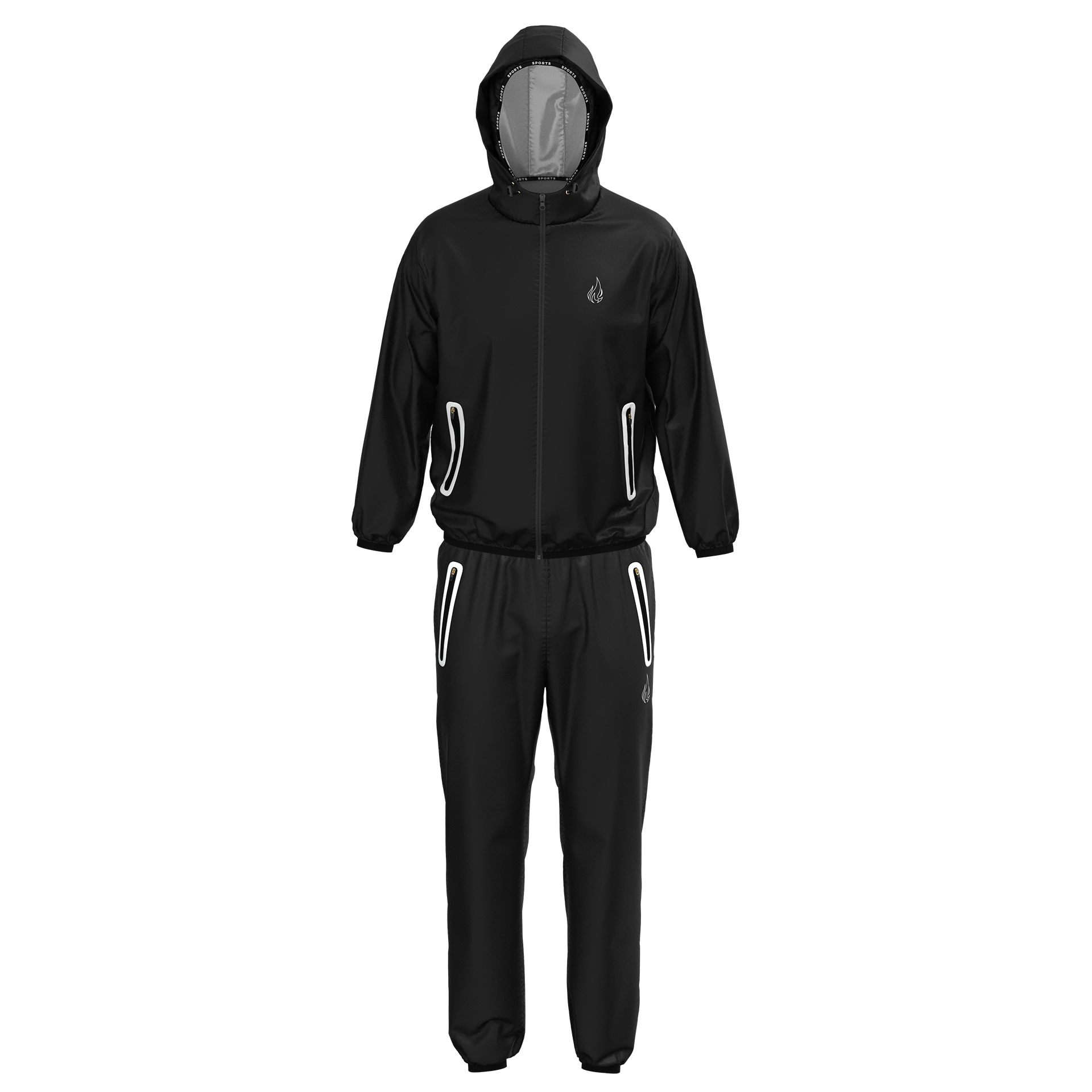 Black rain suit with reflective stripes on a white background