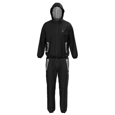 Black rain suit with reflective stripes on a white background