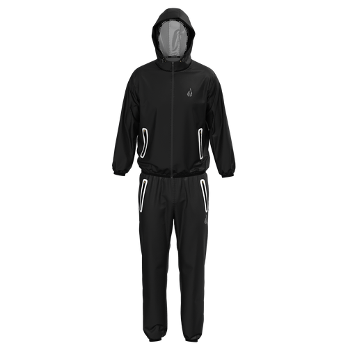 Black rain suit with reflective stripes on a white background